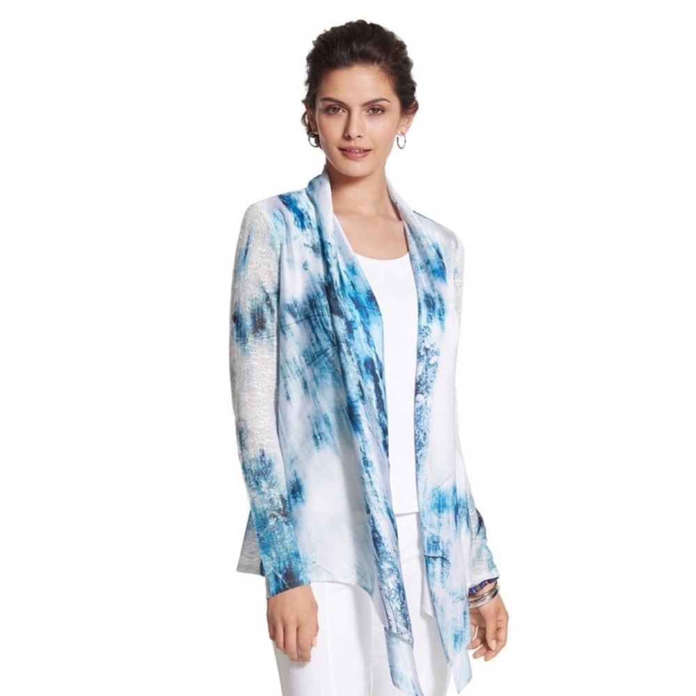 Chicos Ethereal Lace Regina Cardigan Sweater Blue Artsy Fabric Mix Sz 1 / M